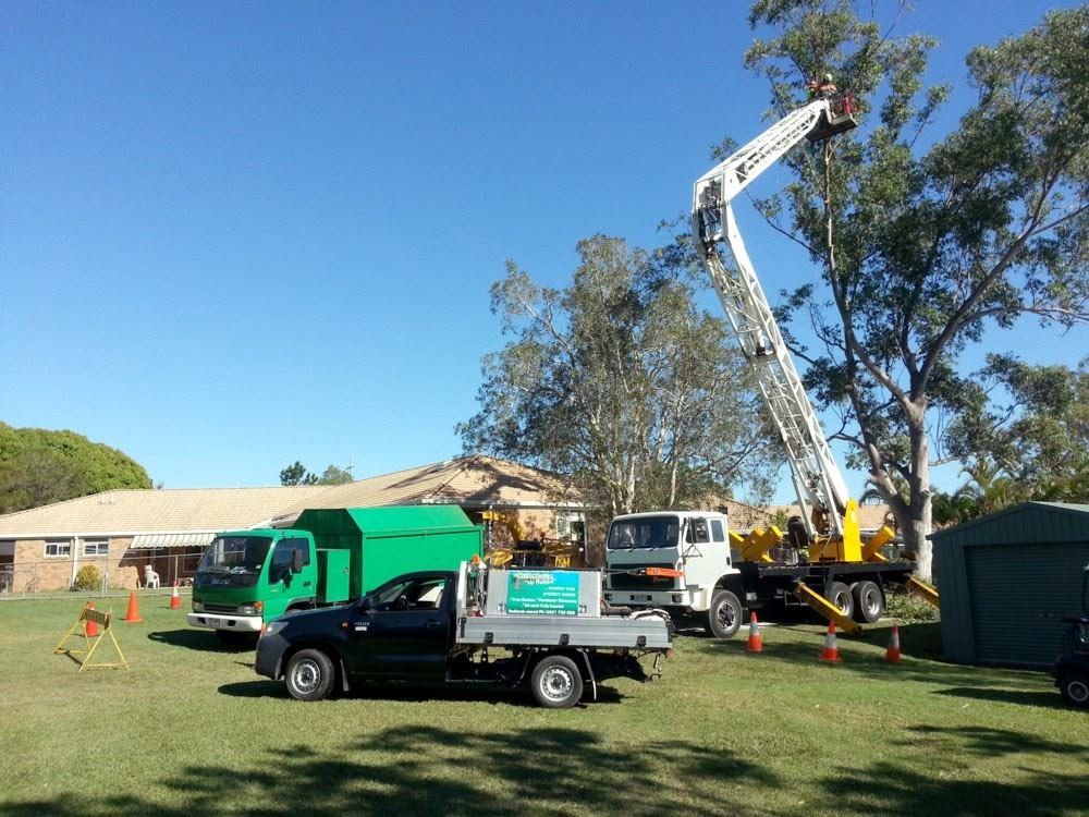 Tree Problem No Problem trucks and an elevated work platform set up on a lawn, coned off