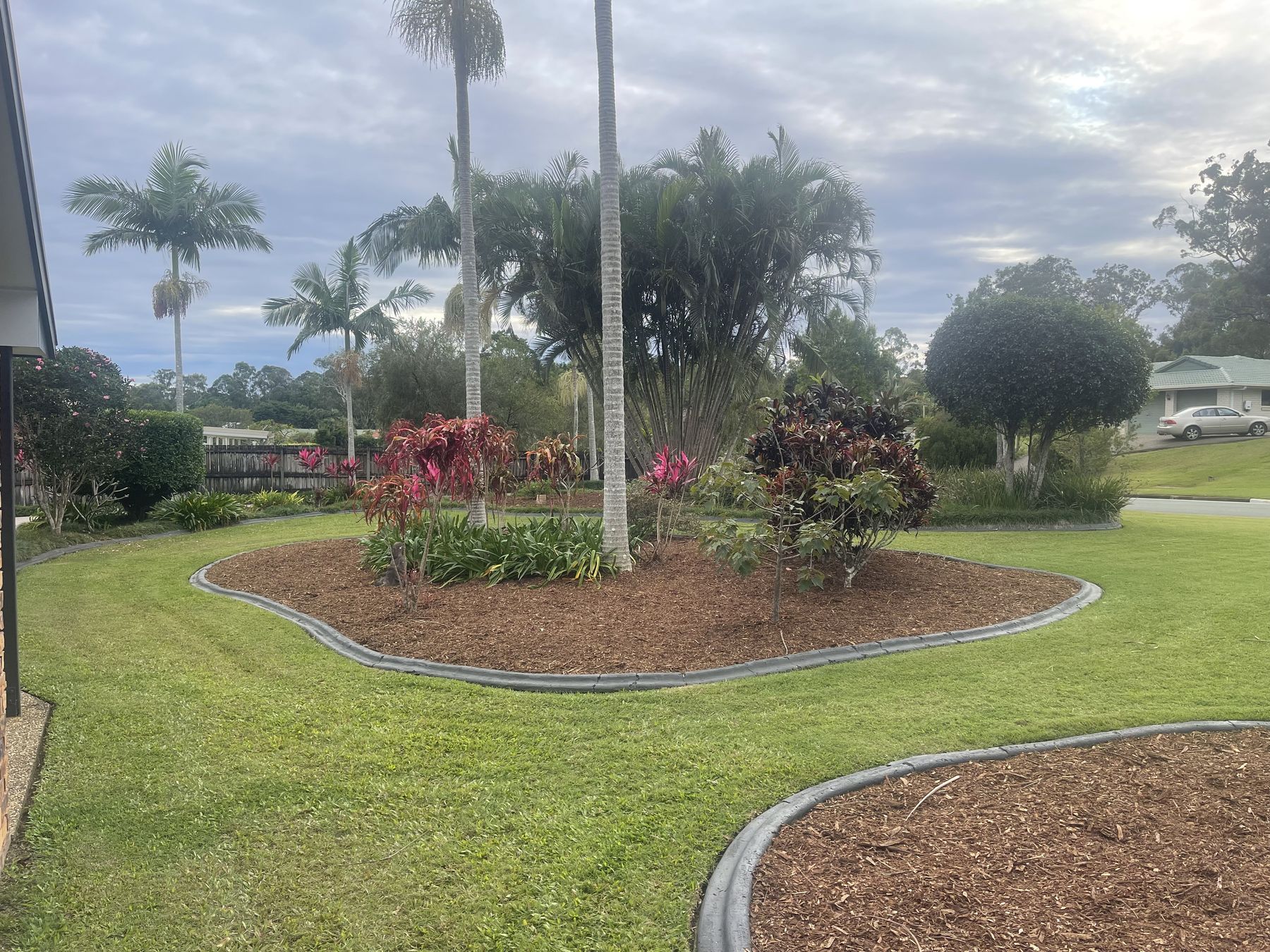Tidy lawn and garden bed with fresh mulch, palms and shrubs